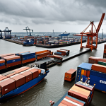 **A bustling international trade scene:** A busy harbor with cargo ships, containers being loaded, and various people from different cultures interacting. Emphasis on documentation, perhaps a magnifying glass over a "bill of lading." Overcast, typical Dutch weather.