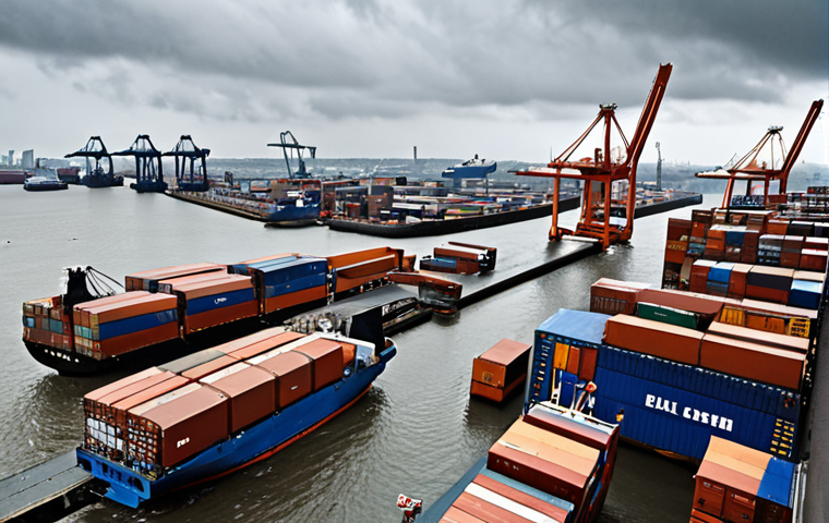 **A bustling international trade scene:** A busy harbor with cargo ships, containers being loaded, and various people from different cultures interacting. Emphasis on documentation, perhaps a magnifying glass over a "bill of lading." Overcast, typical Dutch weather.