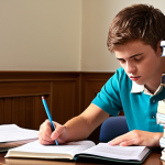 A young, focused student, approximately 20-25 years old, sits at a well-lit, organized desk. They are deeply engrossed in preparing for a "Business English" exam, surrounded by opened textbooks, neatly stacked old exam papers, and notebooks. A meticulously detailed study plan or exam structure outline is clearly visible on the desk, possibly with color-coded sections indicating time allocation per topic. A subtle, non-stressful desk clock is in the background, symbolizing proactive time awareness. The overall mood is one of strategic preparation, diligence, and confidence gained from thorough planning. Realistic, academic setting, sharp focus, high resolution.